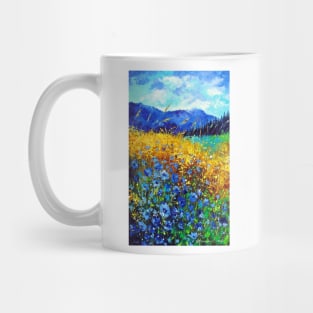 Blue flowers in the mountain valley Mug